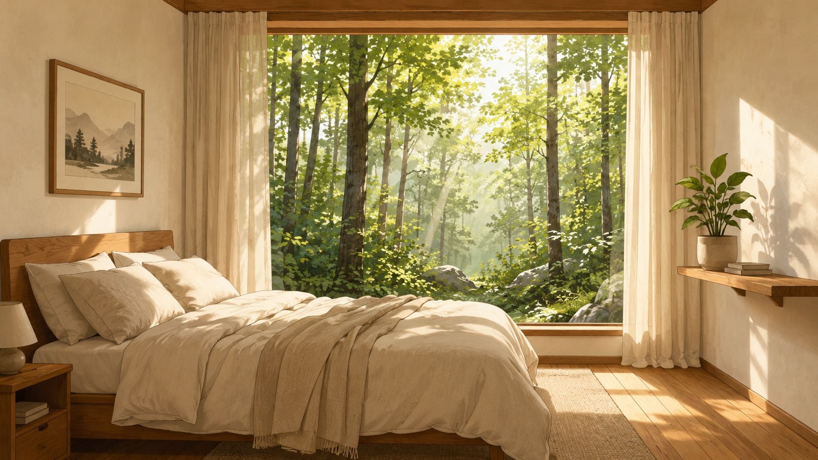 A serene bedroom with natural wood furniture and a large window overlooking a lush sunlit forest landscape.