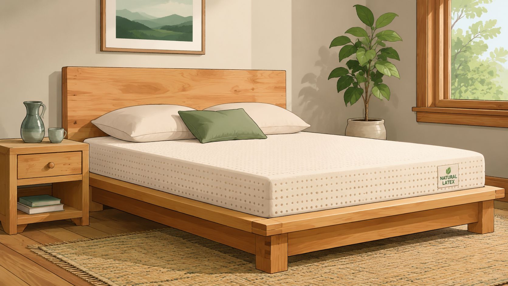 A natural, eco-friendly bedroom featuring a wooden bed frame, latex mattress, green accents, and a large plant.