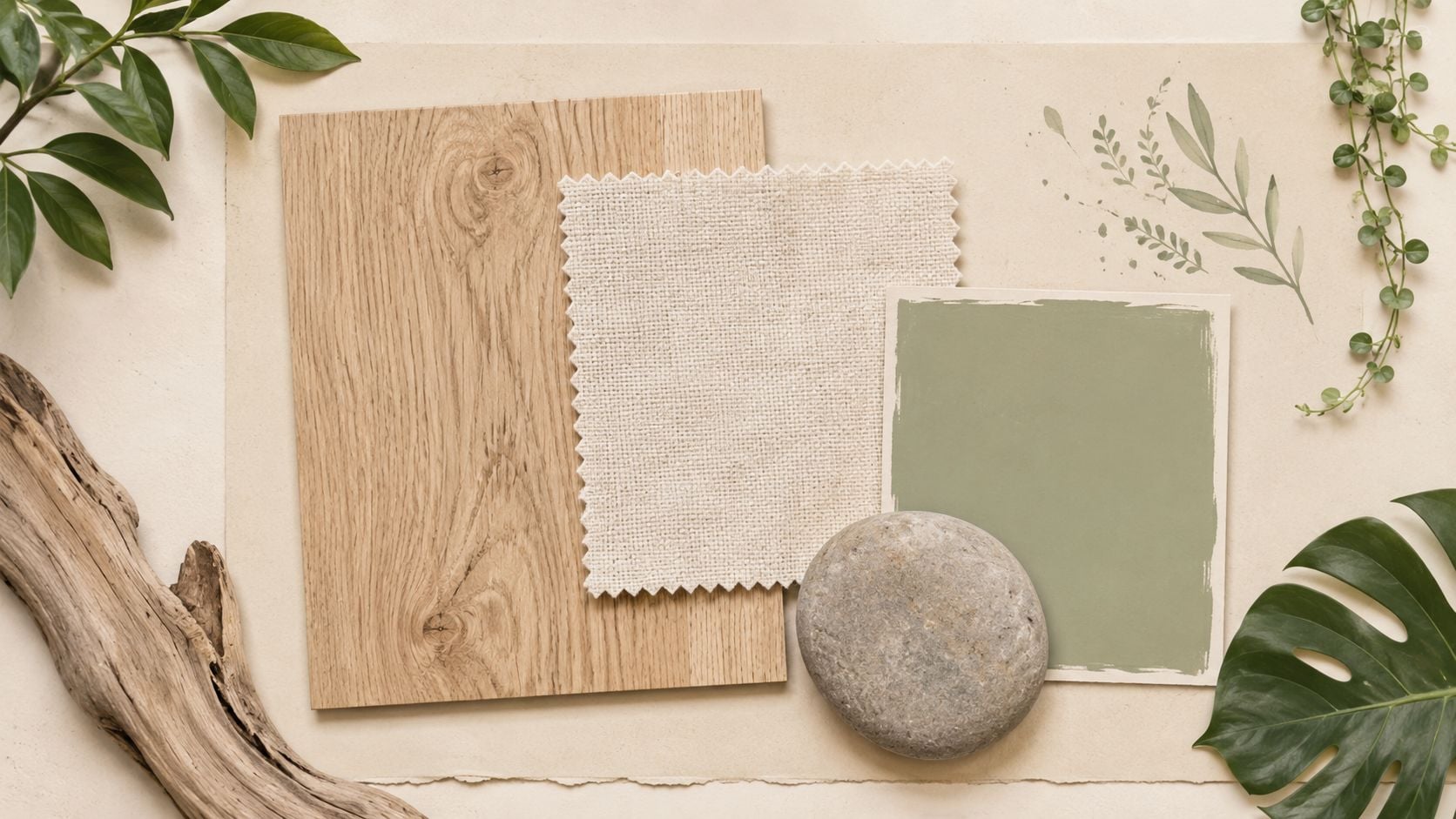 A flat lay composition featuring wood grain, textured fabric, sage green paint, and natural botanical elements.