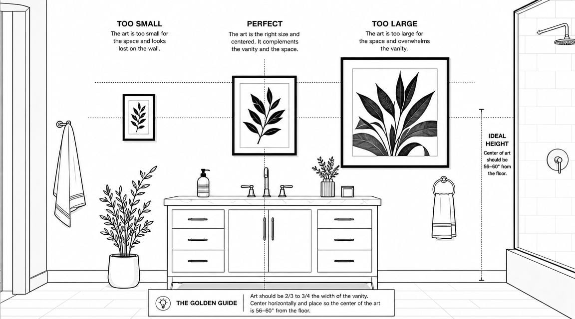 A diagram illustrating the ideal size and height for hanging art above a bathroom vanity.