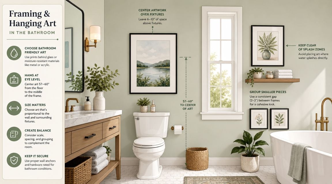 An infographic showing guidelines for choosing, hanging, and securing artwork in a stylish bathroom interior.