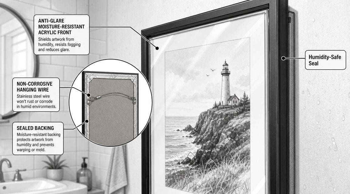 A black framed lighthouse art piece featuring moisture-resistant components designed for display in a humid bathroom.