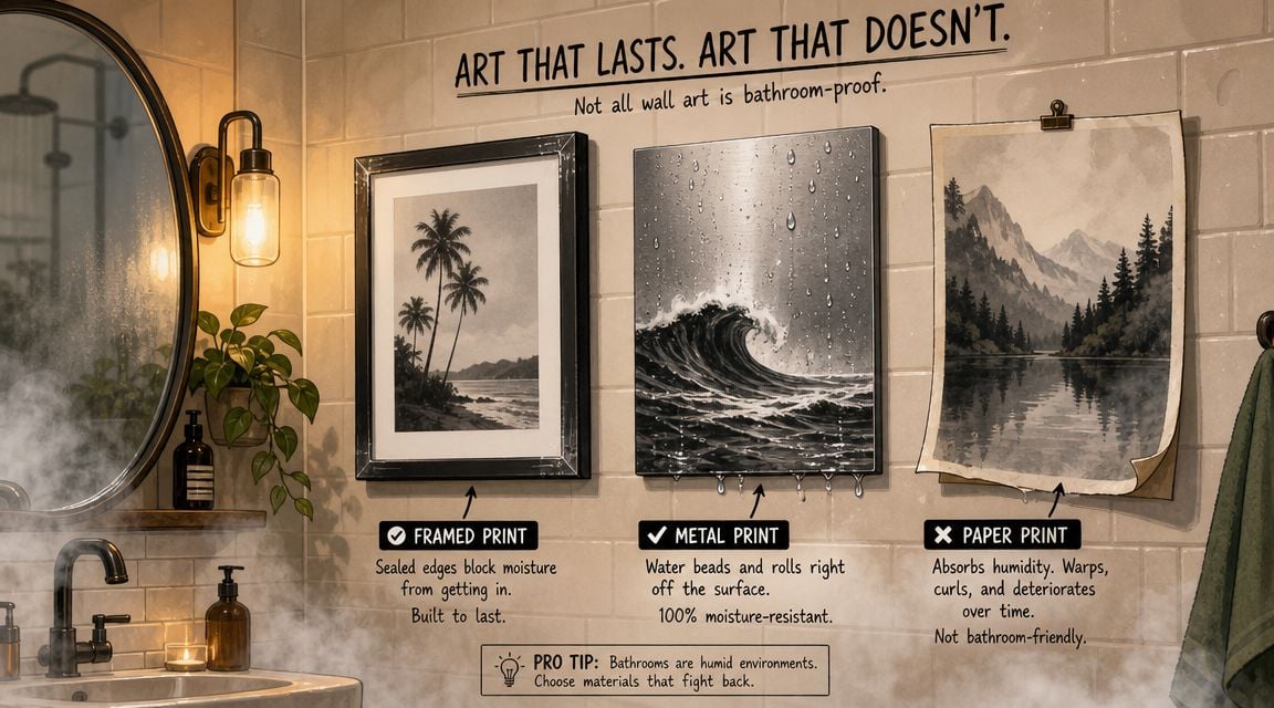 A bathroom wall showing three types of art prints comparing moisture resistance for humid environments.