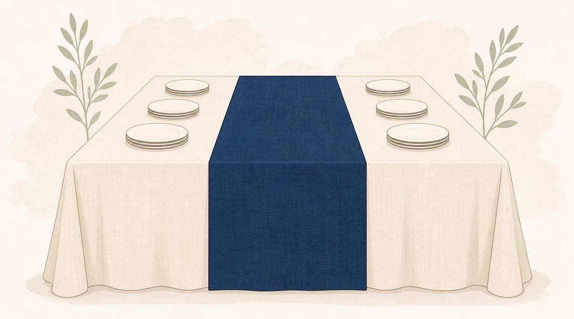 A nicely set dining table with a navy blue runner and stacked white plates on both sides.