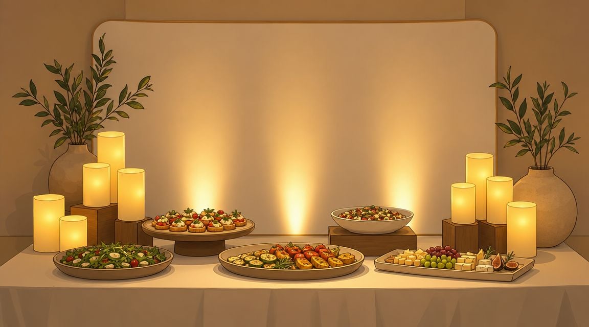 An elegant buffet table decorated with appetizers, salads, fruit, and warm glowing candles for a party setup.
