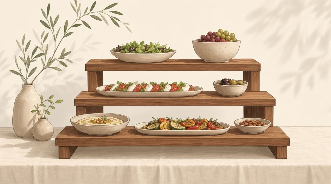 A three-tiered wooden buffet table displaying various fresh salads, vegetables, fruits, and snacks in bowls and platters.