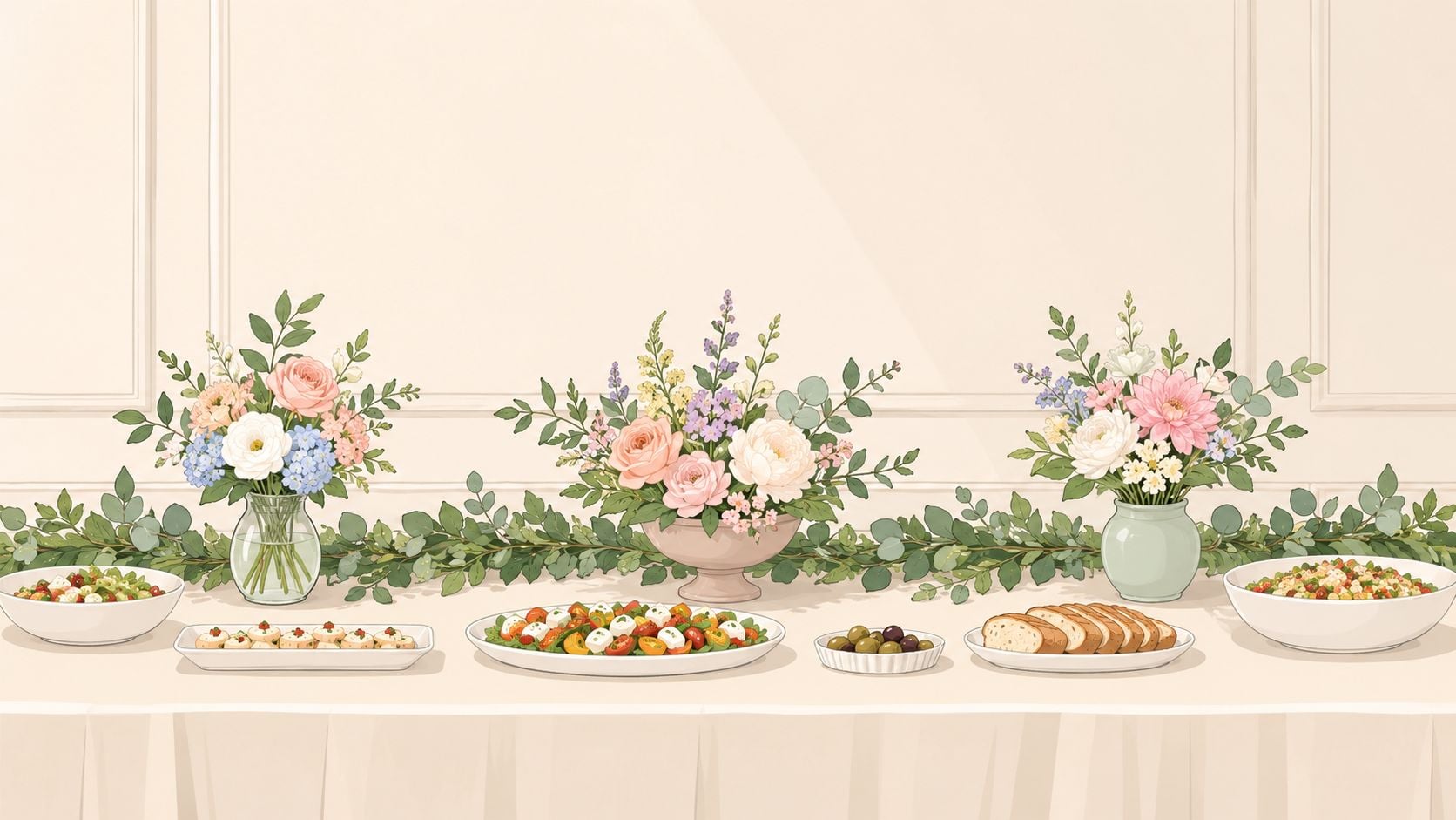 An elegant buffet table decorated with floral arrangements, fresh salads, appetizers, olives, and sliced bread.