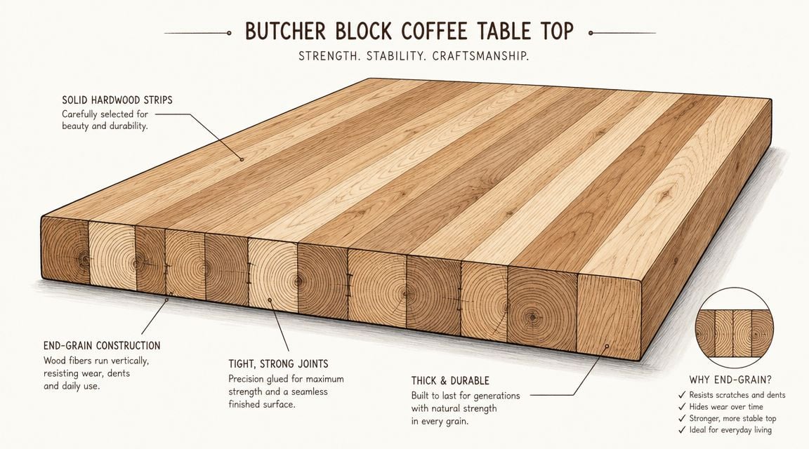 A detailed illustration explaining the construction and benefits of a solid wood butcher block coffee table top.