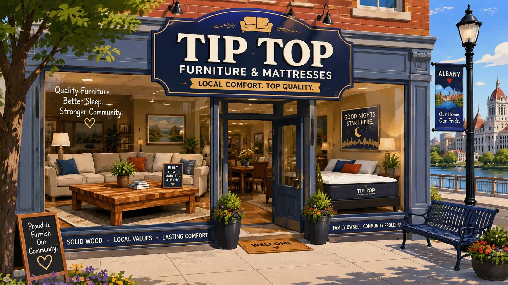 Storefront of Tip Top Furniture and Mattresses featuring a solid wood butcher block coffee table display.