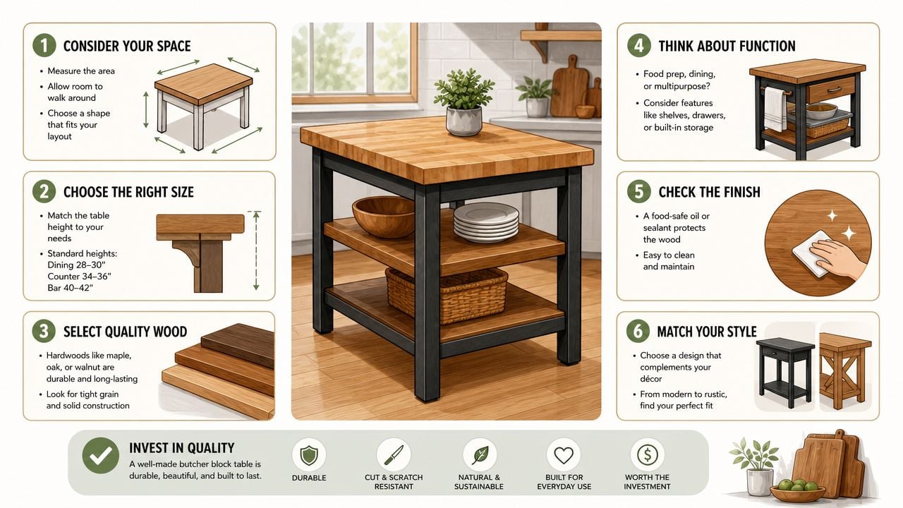 An infographic detailing six important steps to consider when choosing a high-quality butcher block coffee table.