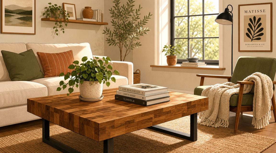 A cozy, sunlit living room featuring a wooden butcher block coffee table and comfortable green seating.