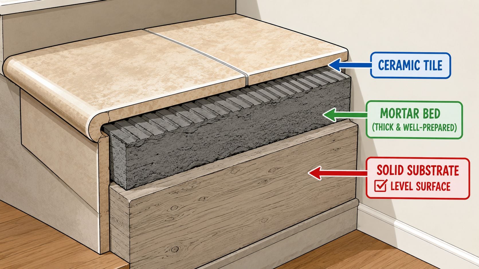 A cross-section illustration showing the layers of ceramic tile, mortar bed, and solid substrate on stairs.
