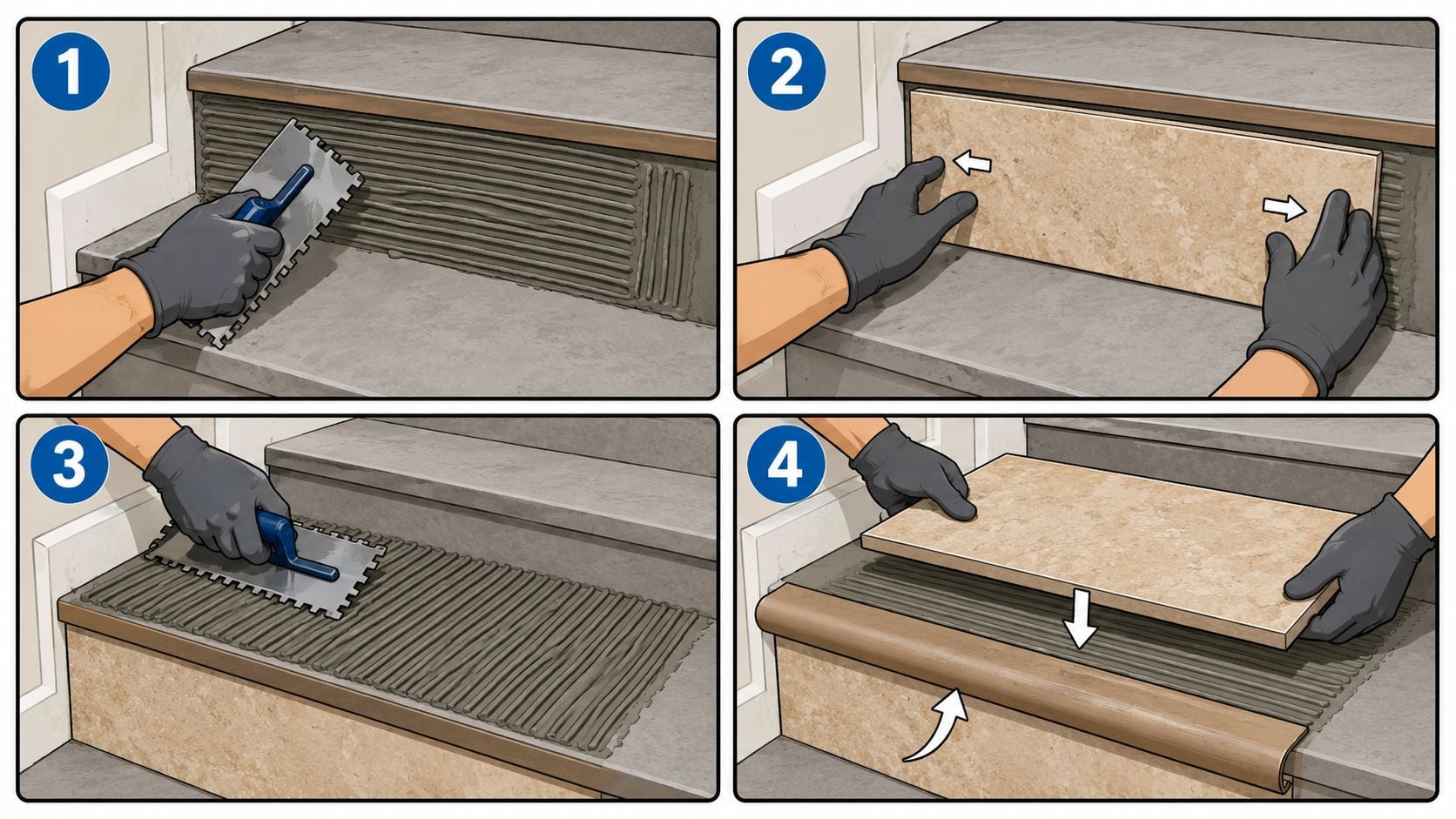 A four-step tutorial illustration showing how to properly apply ceramic tiles to wooden staircase steps.