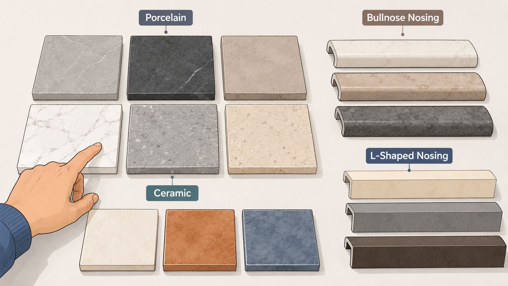 A hand pointing at a marble-look porcelain tile sample surrounded by various ceramic tiles and stair nosing profiles.