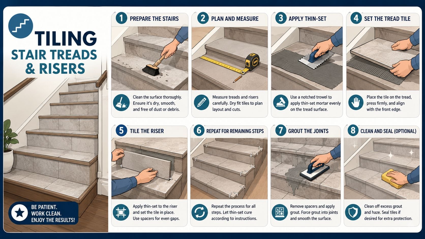 An instructional infographic detailing the eight-step process for installing ceramic tile on stair treads and risers.