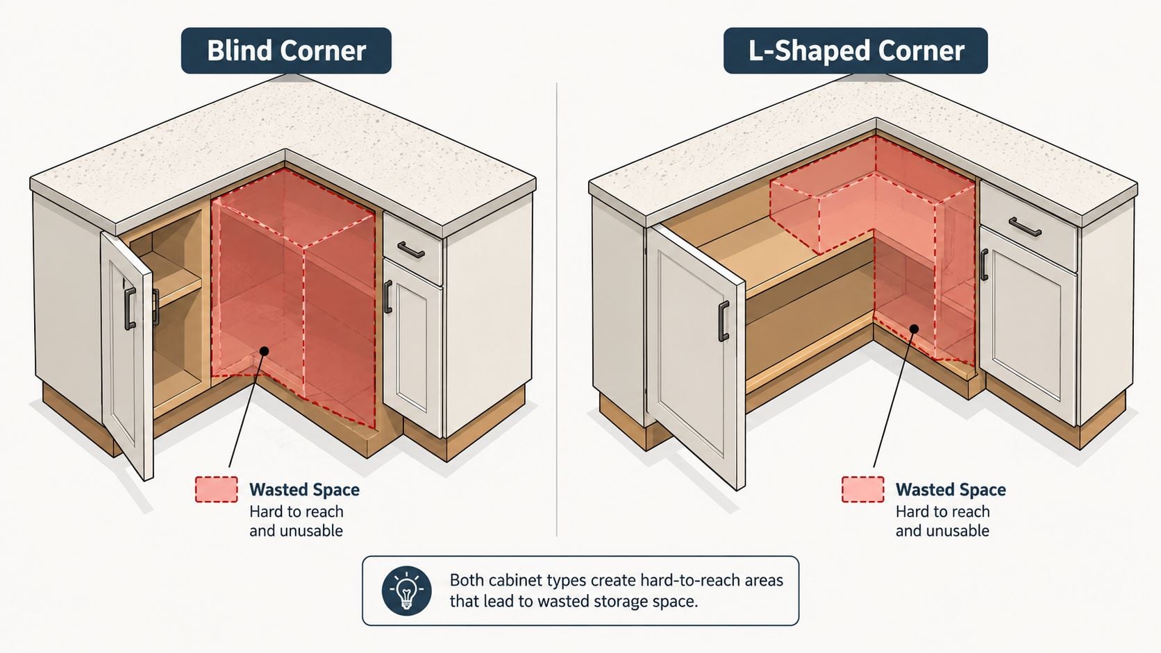 A diagram comparing blind corner and L-shaped corner kitchen cabinets, highlighting wasted space within the hard-to-reach areas.