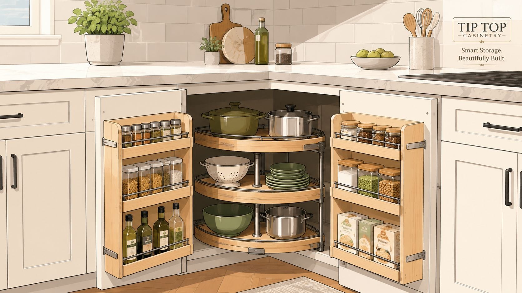 A modern kitchen corner cabinet featuring functional pull-out spice racks and a rotating carousel storage system.