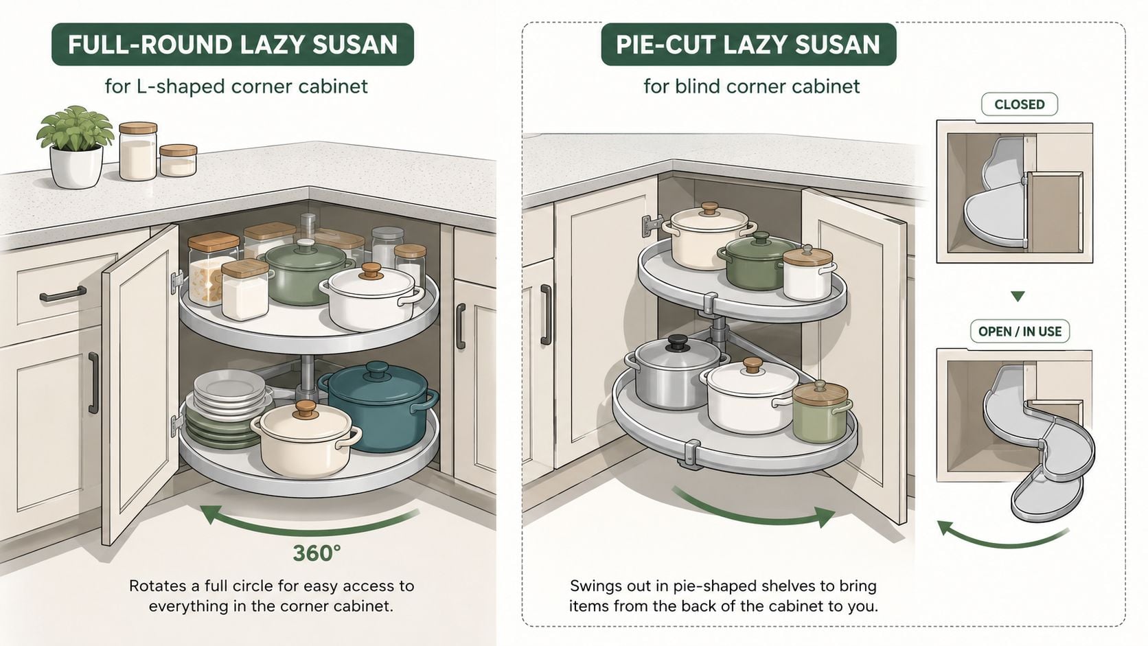 A diagram comparing a full-round Lazy Susan for L-shaped cabinets and a pie-cut Lazy Susan for blind cabinets.