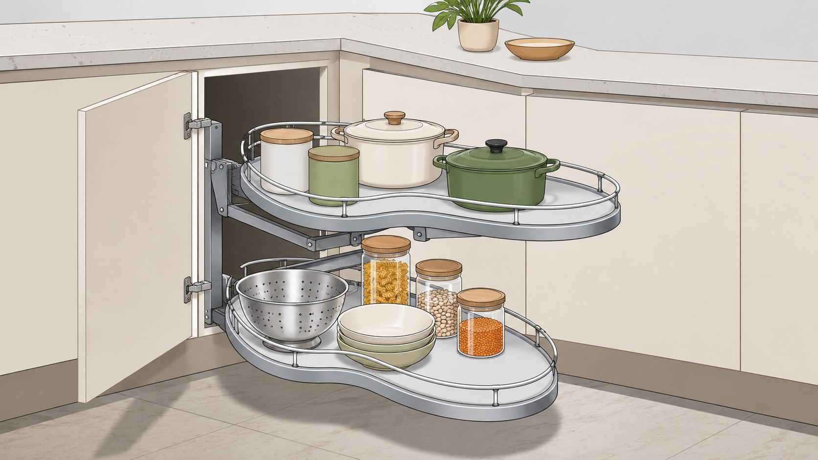 A modern corner kitchen cabinet with pull-out shelves containing pots, bowls, and pantry storage jars.
