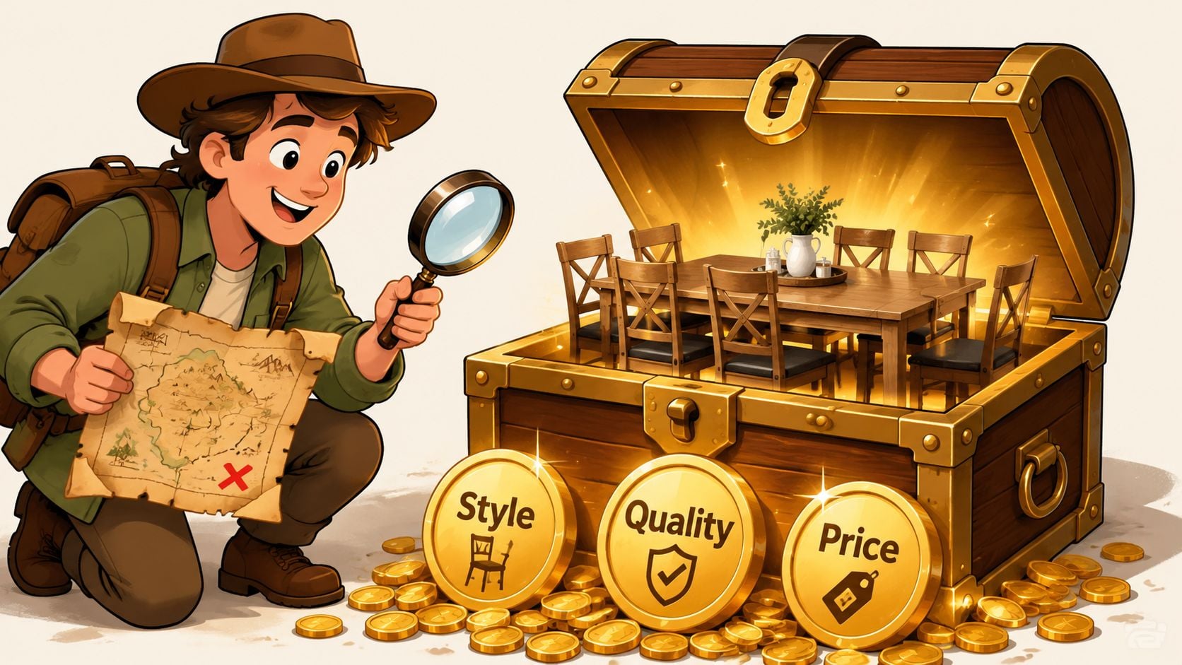 An explorer discovers a wooden dining set inside a magical treasure chest surrounded by golden coins.