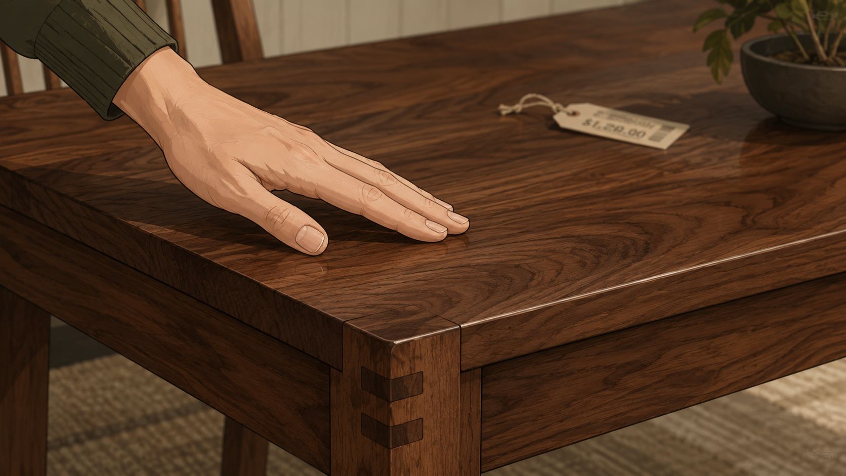 A close-up view of a person touching a polished dark wooden dining table surface.