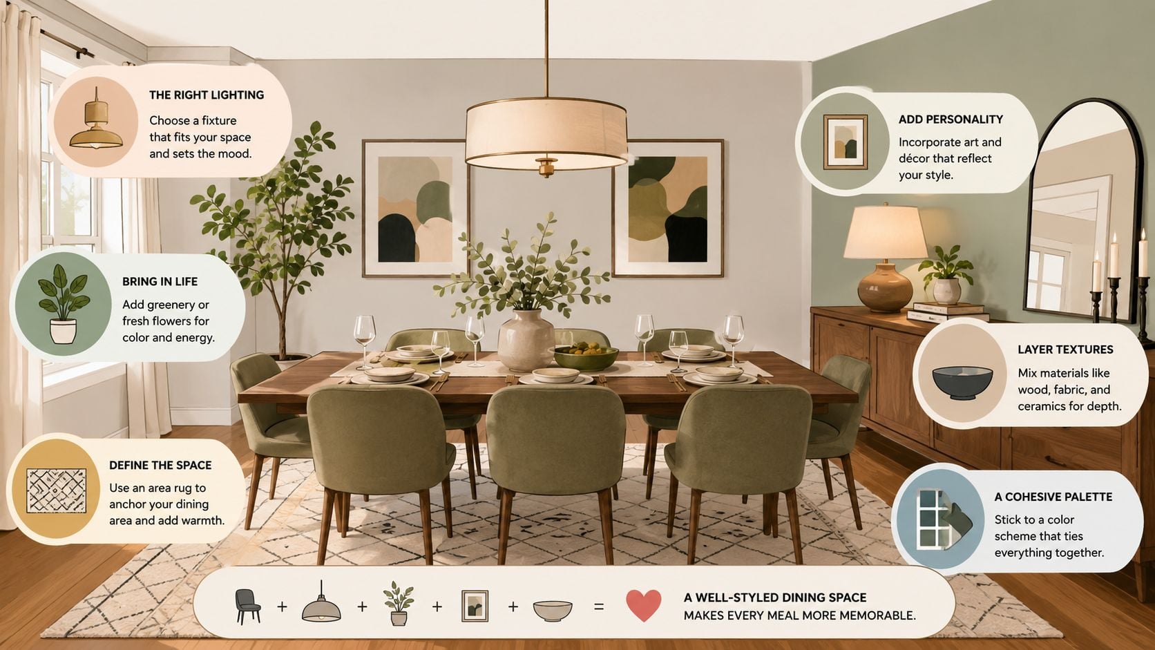 A stylish dining room featuring light wood tones, olive green chairs, and curated decor elements for inspiration.