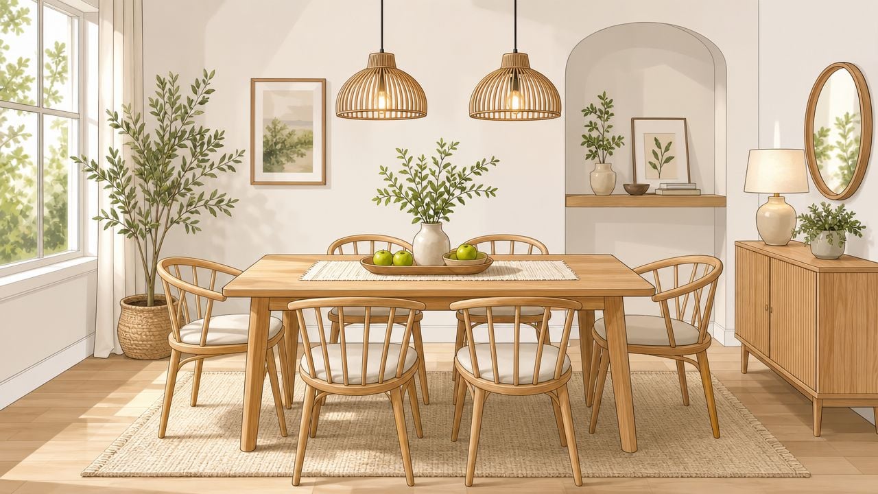A light wood dining room set with spindle chairs in a bright, modern, and minimalist interior space.