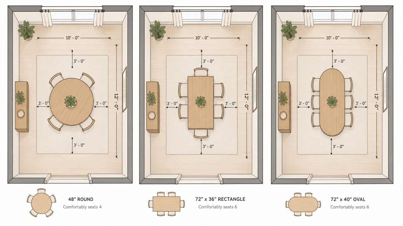 Three floor plan diagrams illustrating furniture arrangement for round, rectangular, and oval dining tables in a room.