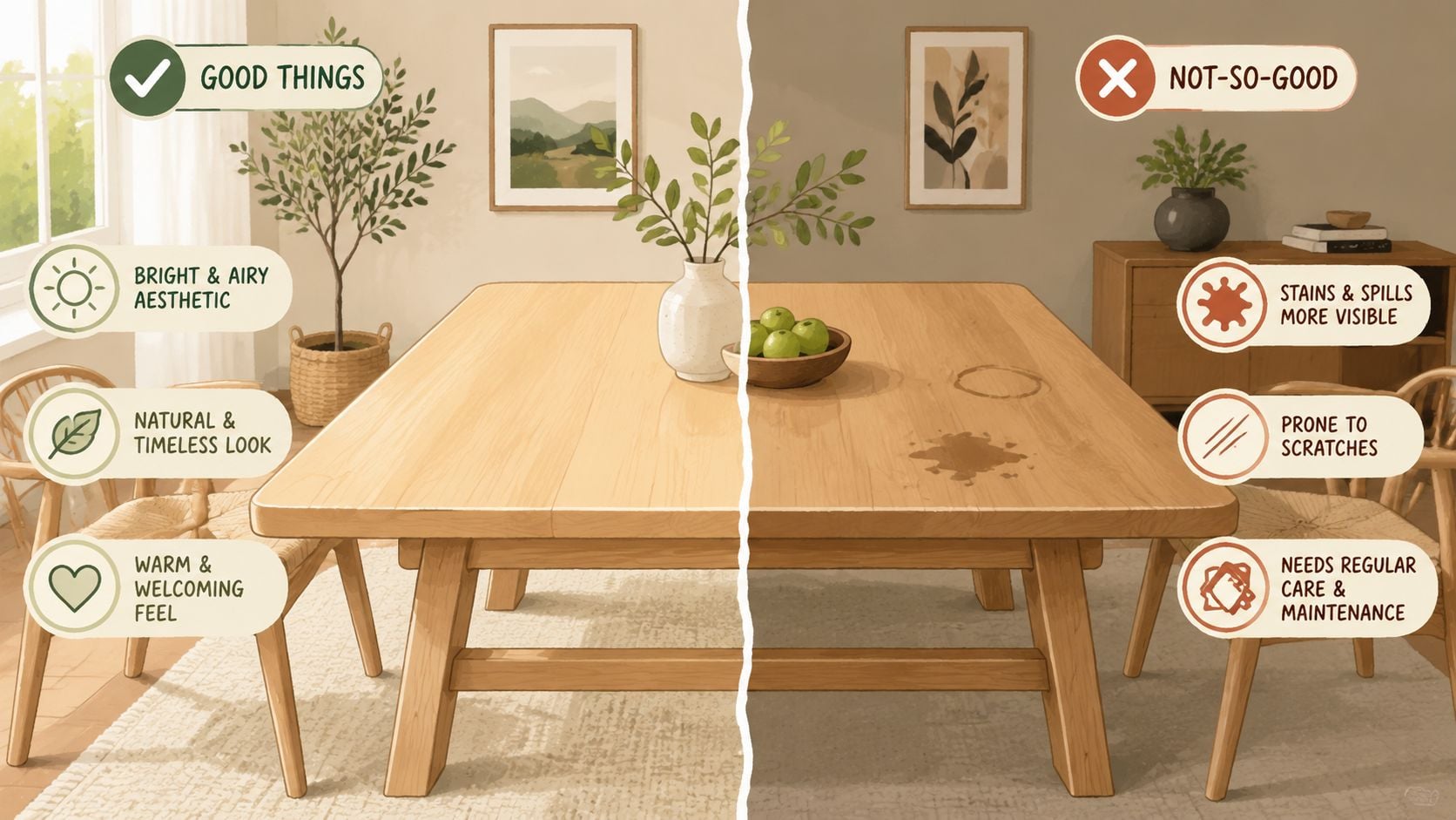 An illustration comparing the pros and cons of light wood dining room furniture in a home.