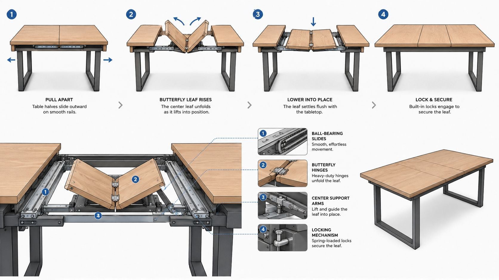 A step-by-step diagram illustrating the mechanism of an expandable dining room table with a butterfly leaf.