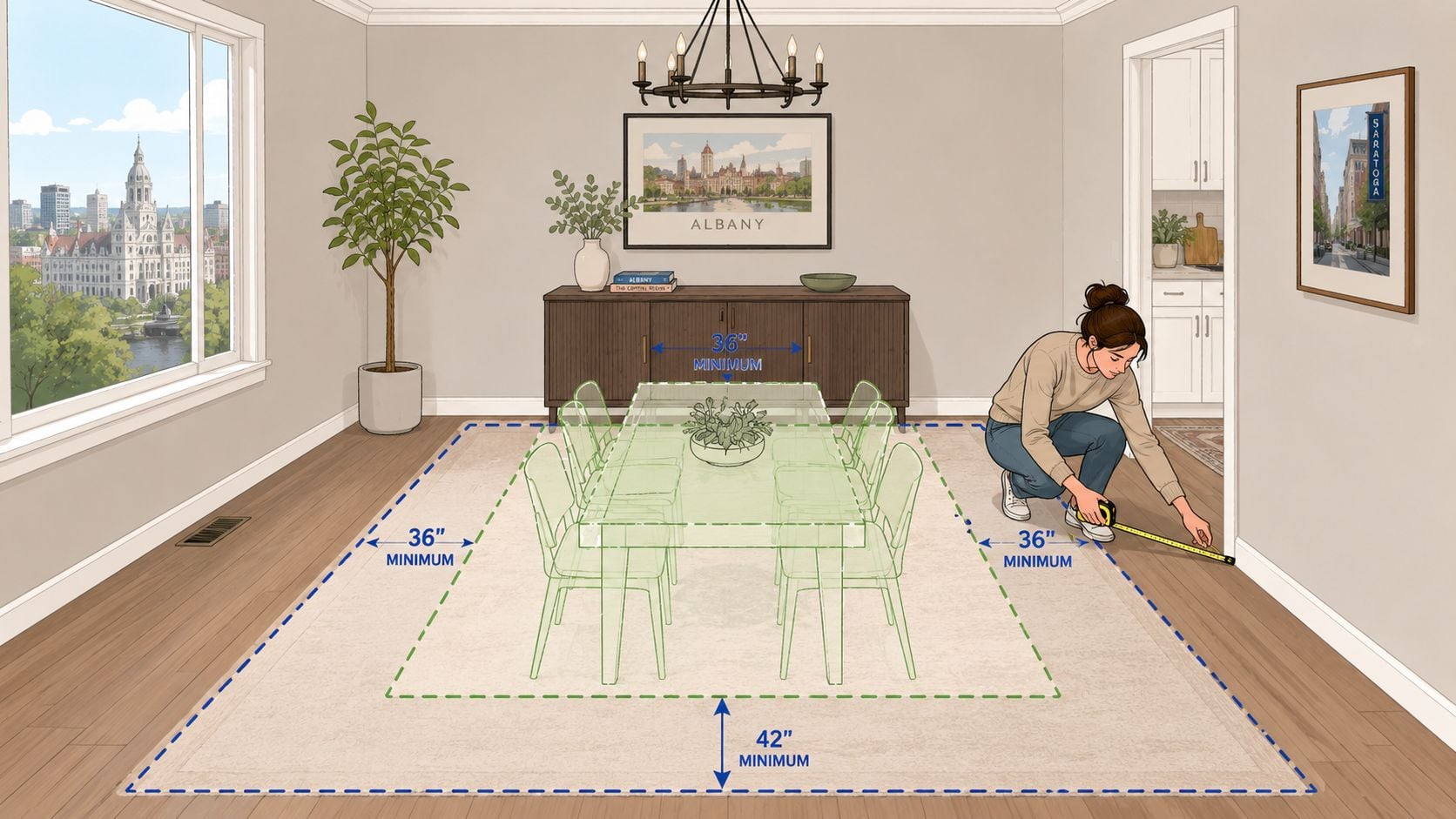 A woman measuring the floor space for a dining room rug around a wooden table set.