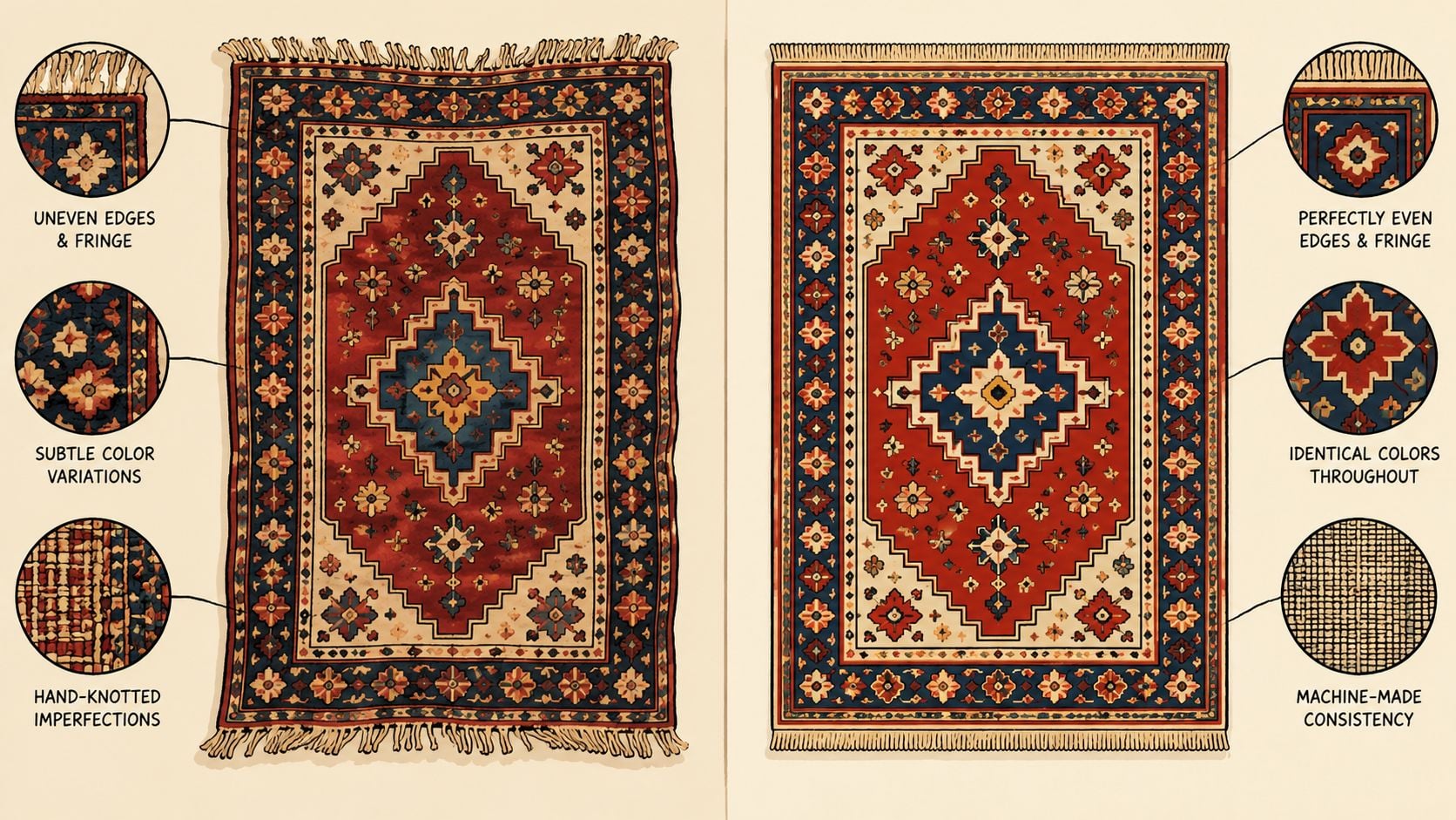 A comparison chart showing the visual differences between a hand-knotted folk art rug and a machine-made rug.
