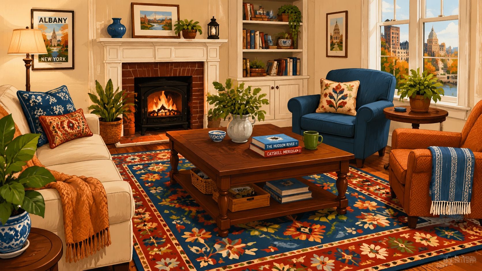 A cozy, well-lit living room featuring a traditional folk art rug, fireplace, and comfortable, inviting furniture.