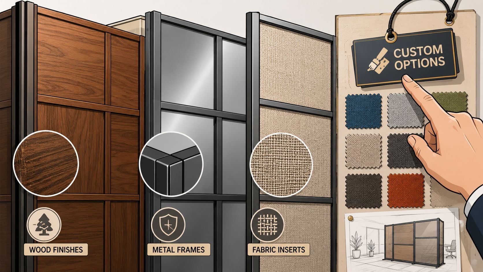 A display showing custom options for room dividers with wood finishes, metal frames, and fabric inserts.