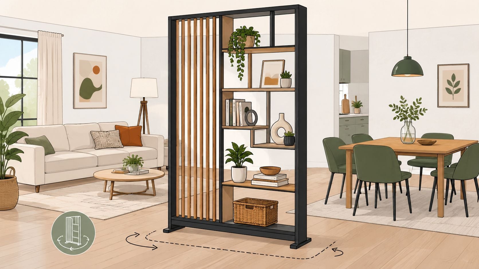 A room divider shelf standing between a modern living room and a dining area in a house.