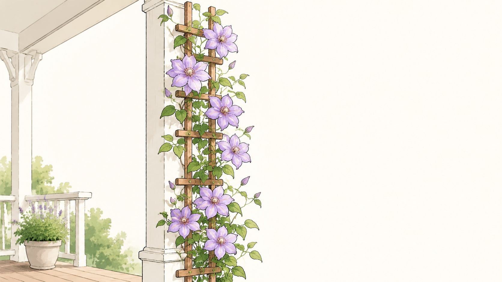 A wooden trellis covered in blooming purple clematis flowers next to a white porch pillar.