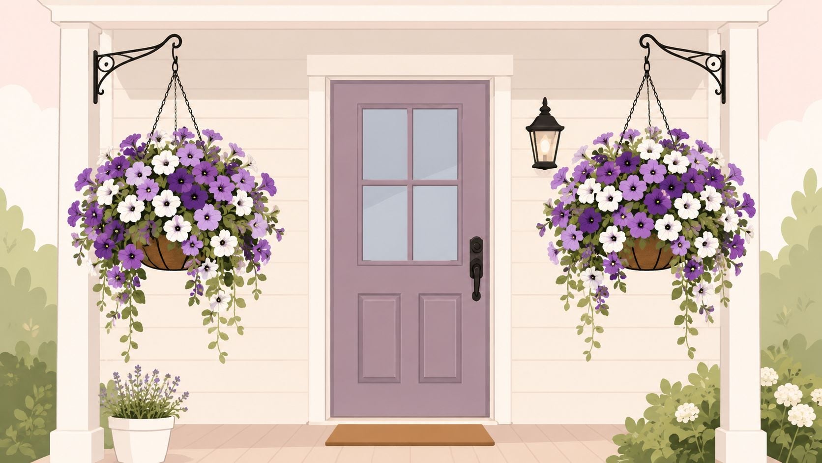 A welcoming front porch featuring a purple door, hanging flower baskets with purple and white blooms.