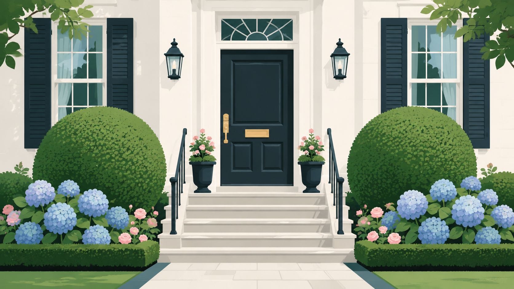 A classic white house front entrance with black door, manicured hedges, blue hydrangeas, and pink flowers.