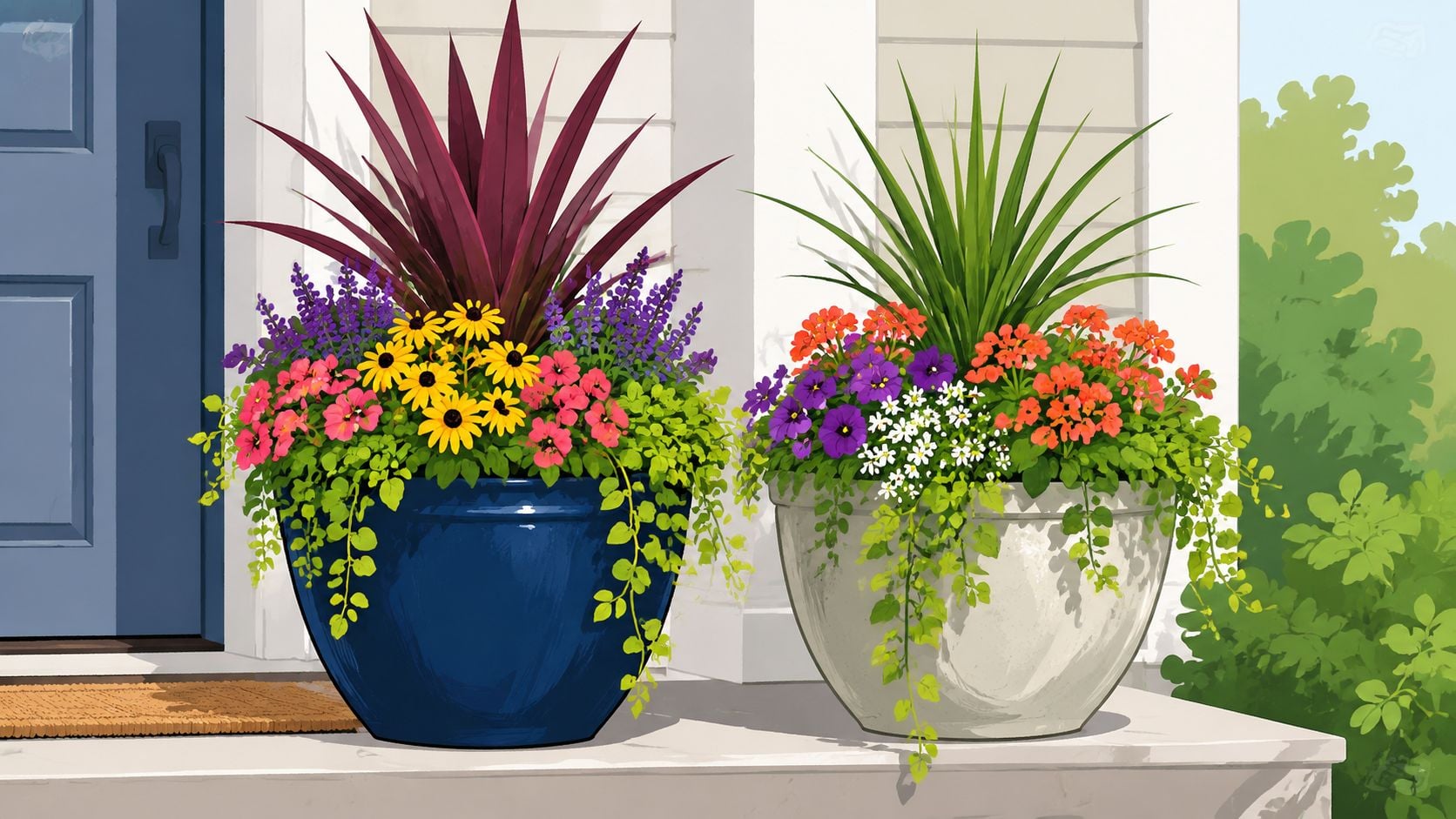 Two large, decorative planters filled with vibrant flowers and greenery sitting on a modern front porch.