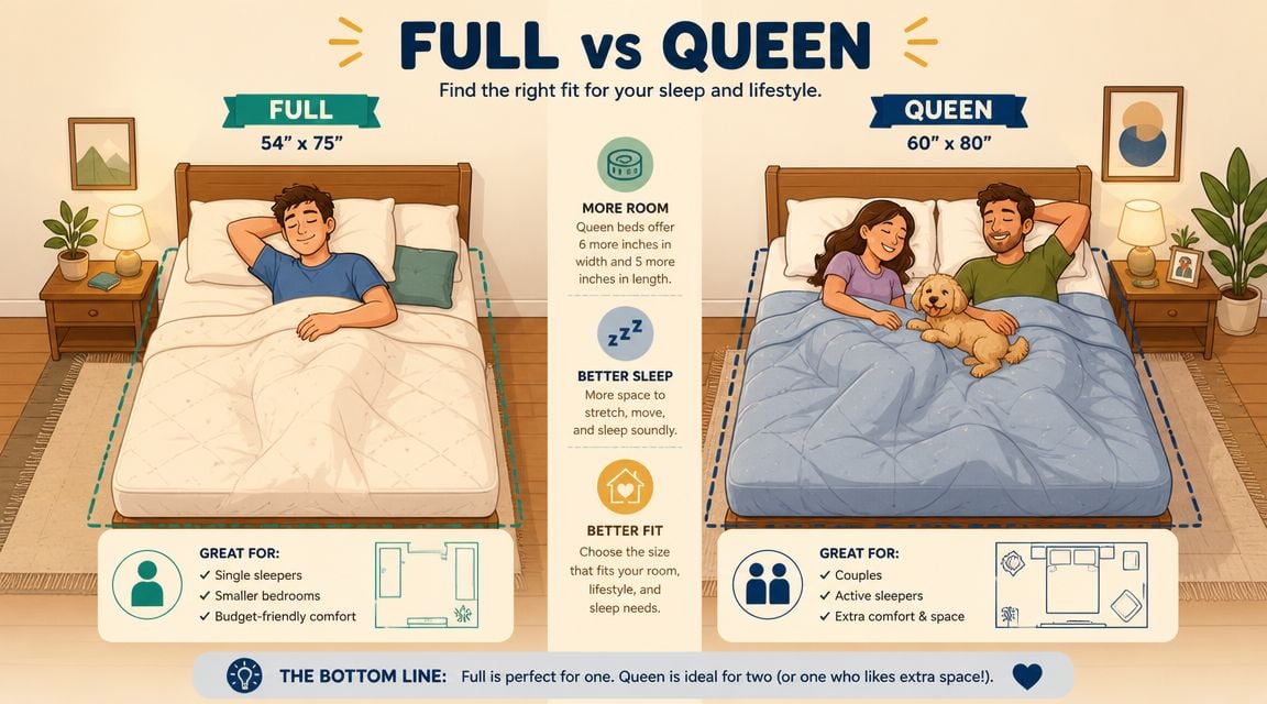 A comparative infographic showing the differences in size and usage between a full and a queen mattress.