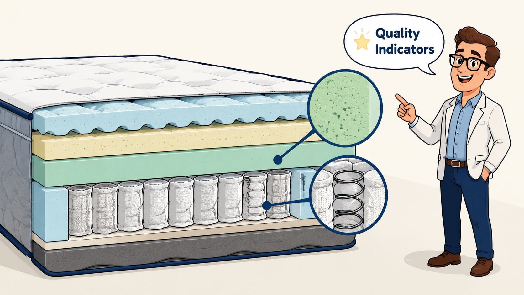 A cartoon expert points to cross-section layers of a hybrid mattress illustrating spring and foam construction.