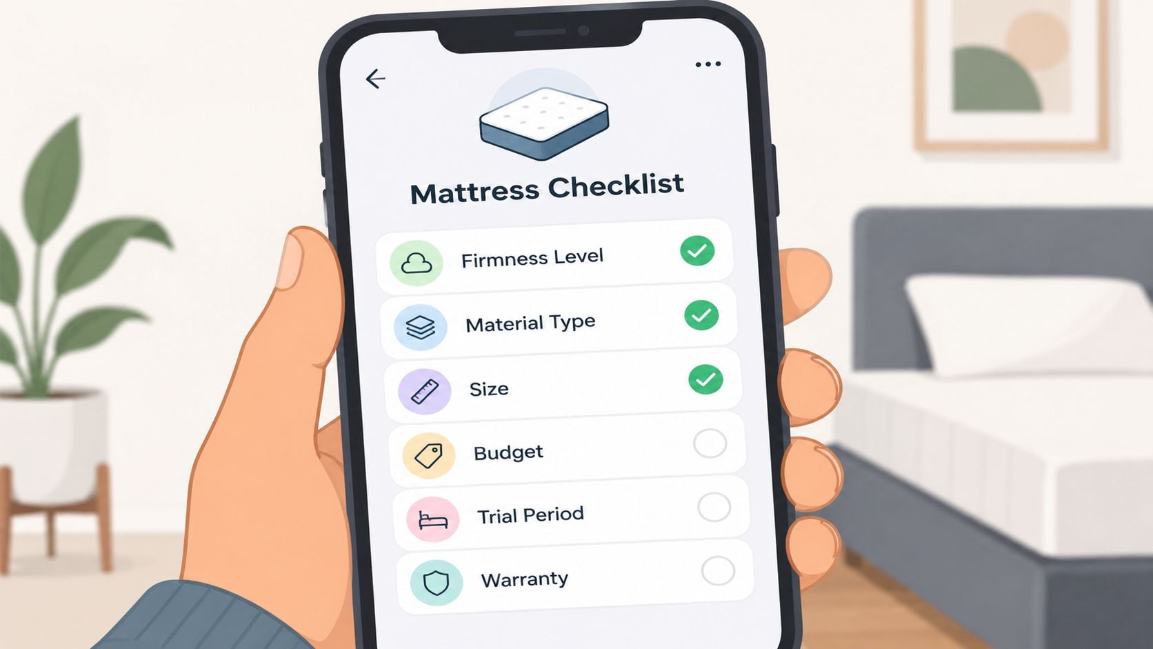 A hand holding a smartphone displaying a digital mattress shopping checklist with completed and pending items.
