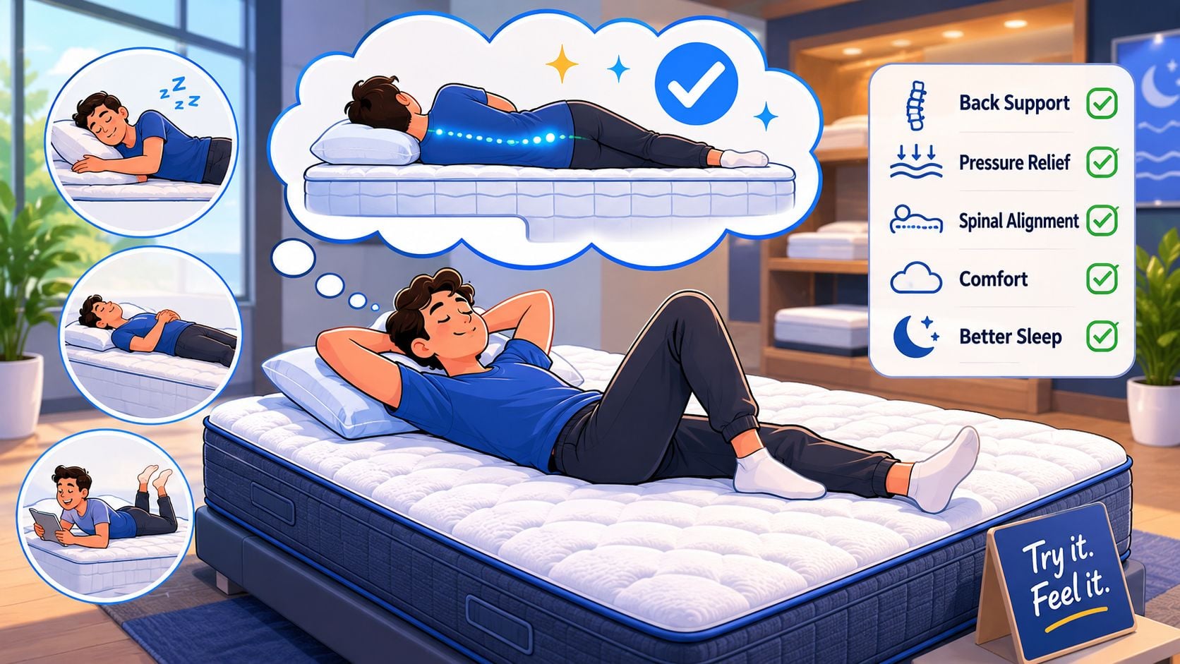 A happy man lying on a comfortable mattress illustrating benefits like back support and spinal alignment.