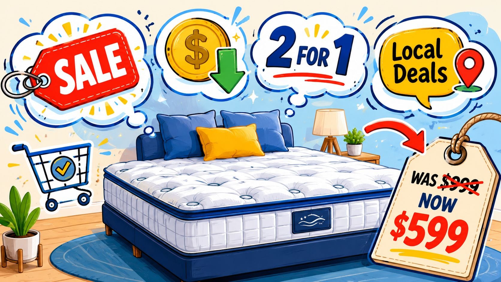 A promotion featuring a high-quality mattress on sale with a price reduction from 999 to 599 dollars.