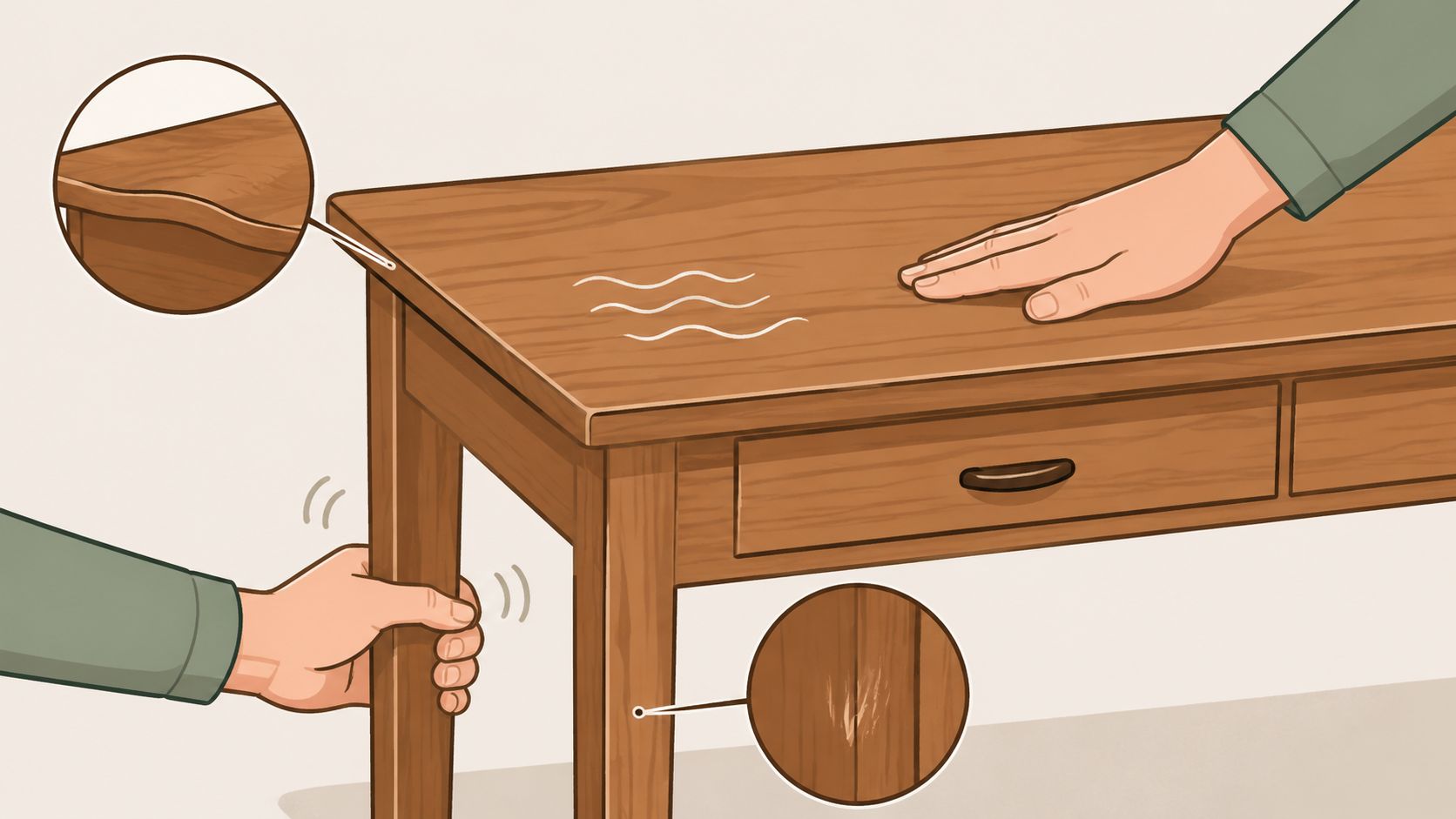 A hand examines a worn wooden desk by testing the stability of a leg and checking the surface.
