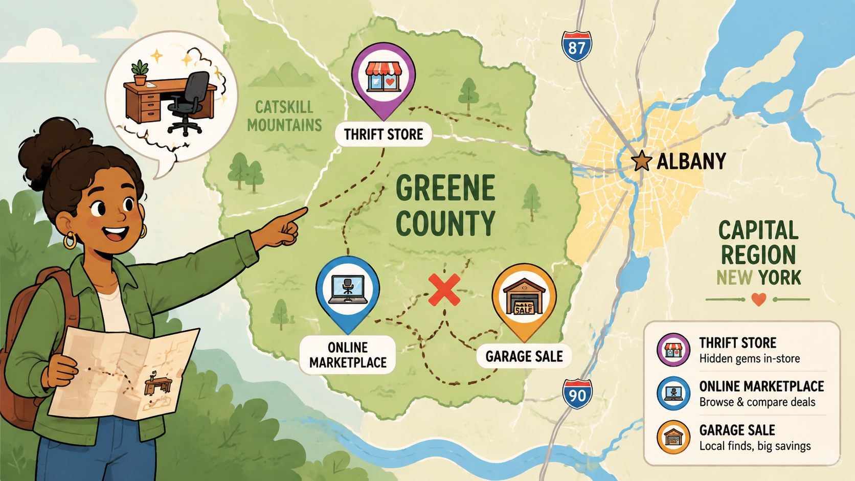 A woman exploring Greene County, New York, to find a used home office desk for sale.