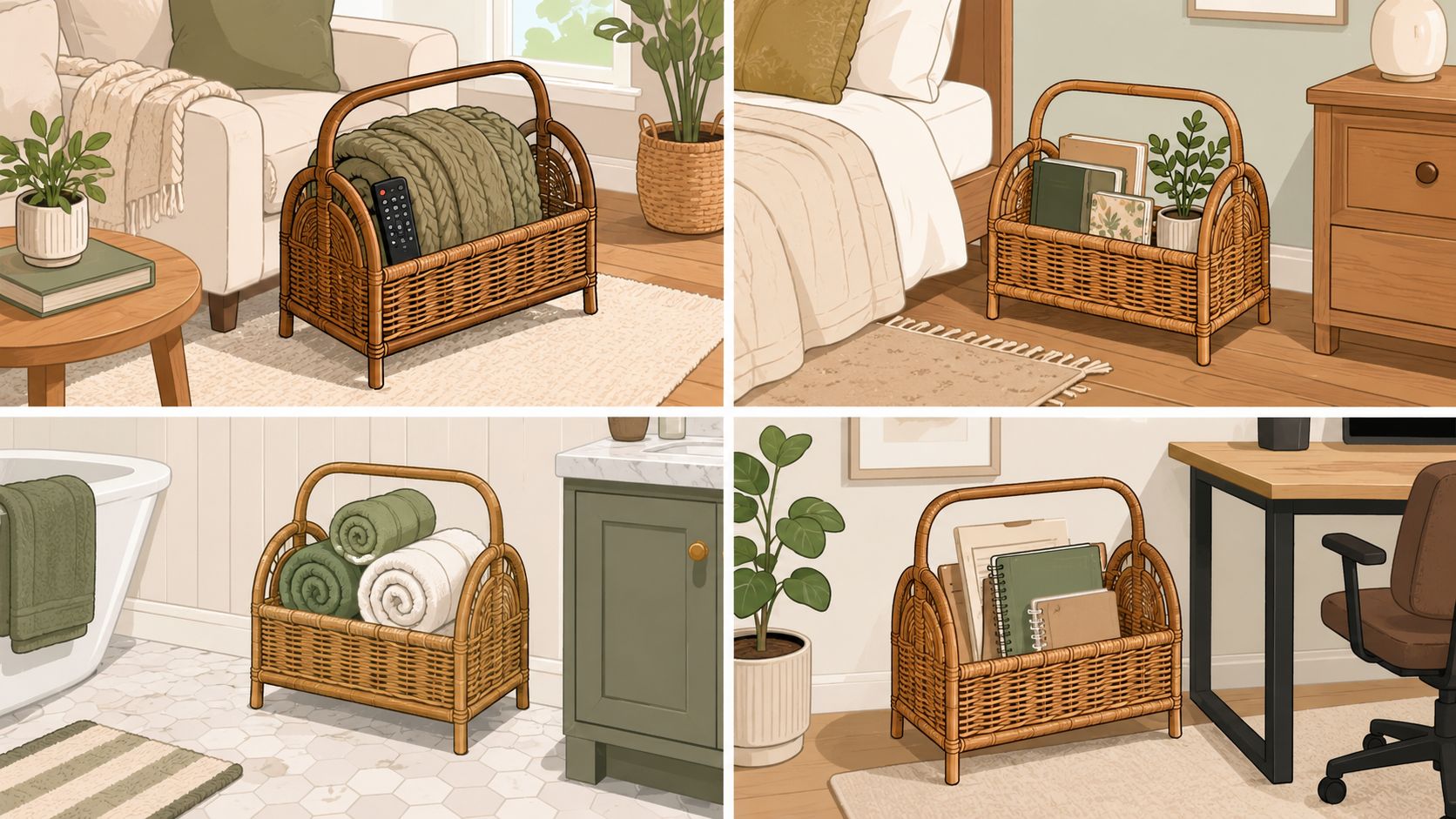 A collage showing four different uses for a decorative wicker magazine rack in home interior settings.