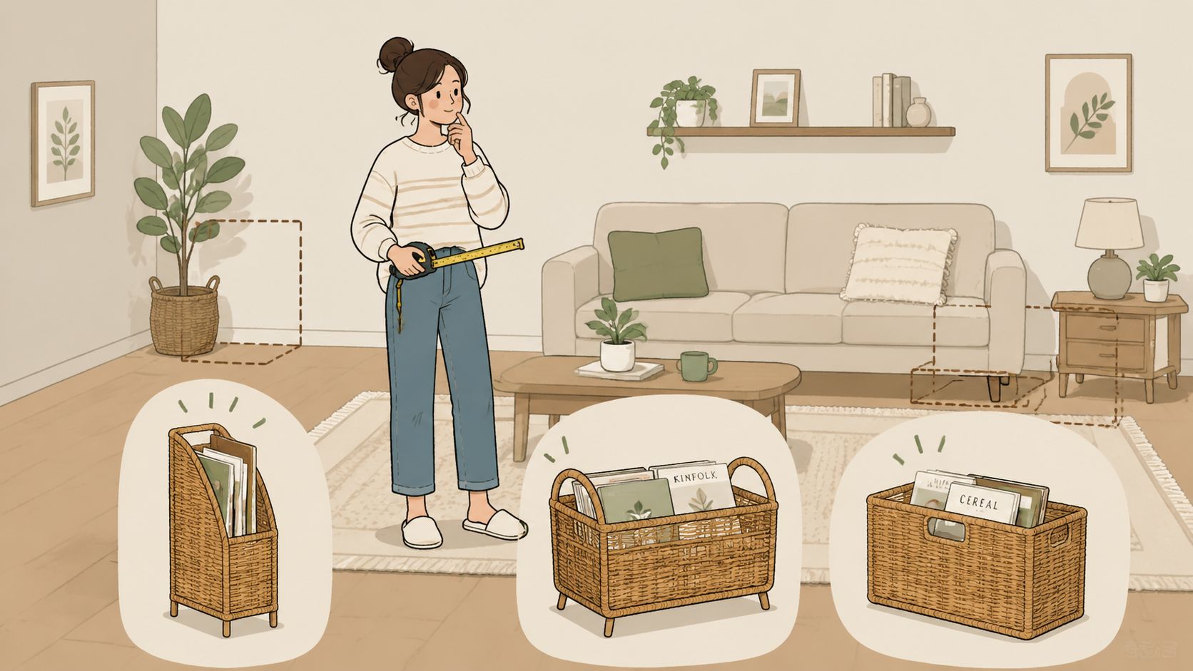 A woman holding a measuring tape in a living room, considering three styles of wicker magazine racks.