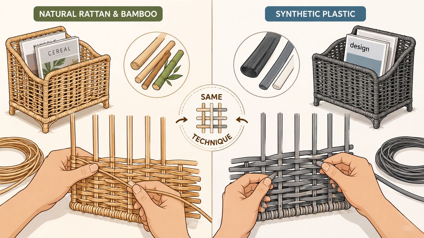 A split-screen comparison showing the weaving technique for both natural rattan and synthetic plastic magazine racks.