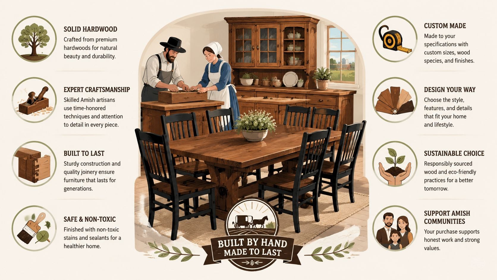 An illustration of Amish artisans crafting solid hardwood furniture in a workshop, showcasing quality and traditional craftsmanship.